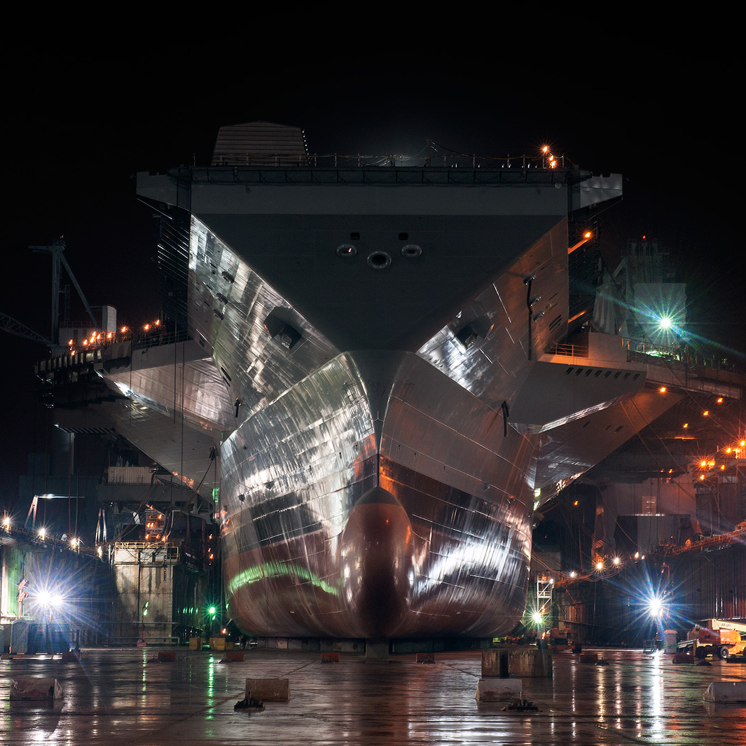 view of the USS Ford at night