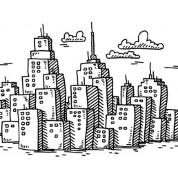 black and white illustration of city skyline