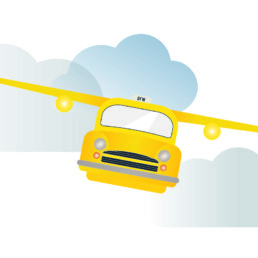 Illustration of a flying taxi flying through clouds