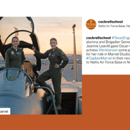 Brig General Jeannie Leavitt and actress Brie Larson pose in front of fighter jet