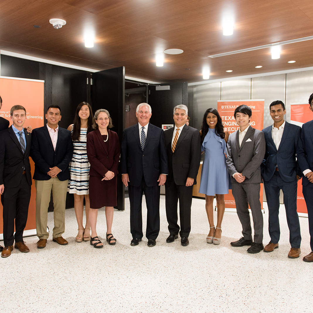 Group photos of Student Engineering Council members, Dean Sharon Wood, Rex Tillerson, and former UT President Gregory Fenves