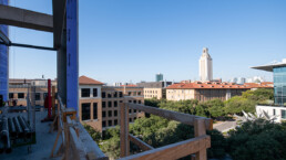 The view from the GLT Level 5 Lounge and Lecture Hall looking out onto the UT campus and Tower
