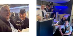 John Goodenough poses with flight attendants on a flight