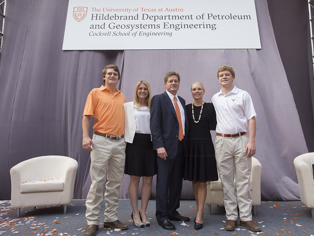 Group photo of the Hildebrand family at the Hildebrand Department of Petroleum and Geosystems Engineering renaming event