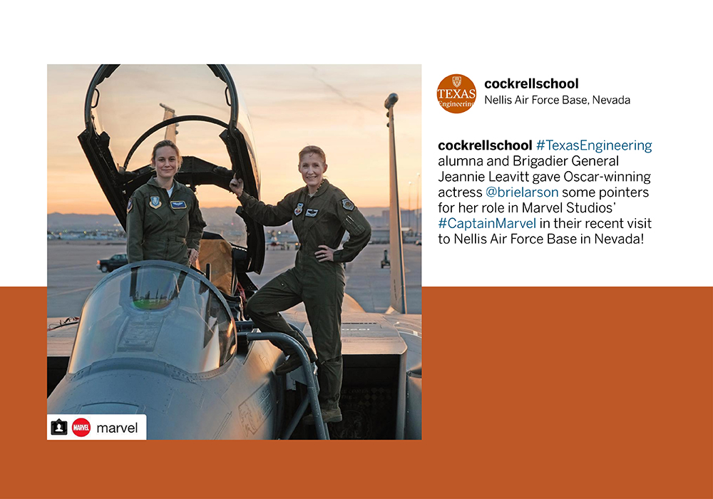 Instagram post of alumna Jeannie Leavitt and actress Brie Larson in a fighter jet
