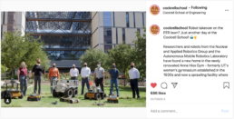 Instagram post of students with robots on EER lawn