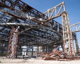 Large building frames and construction materials at Erwin Center demolition