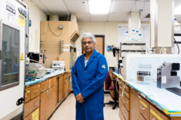 Texas Engineer Kishore Mohanty standing in his lab