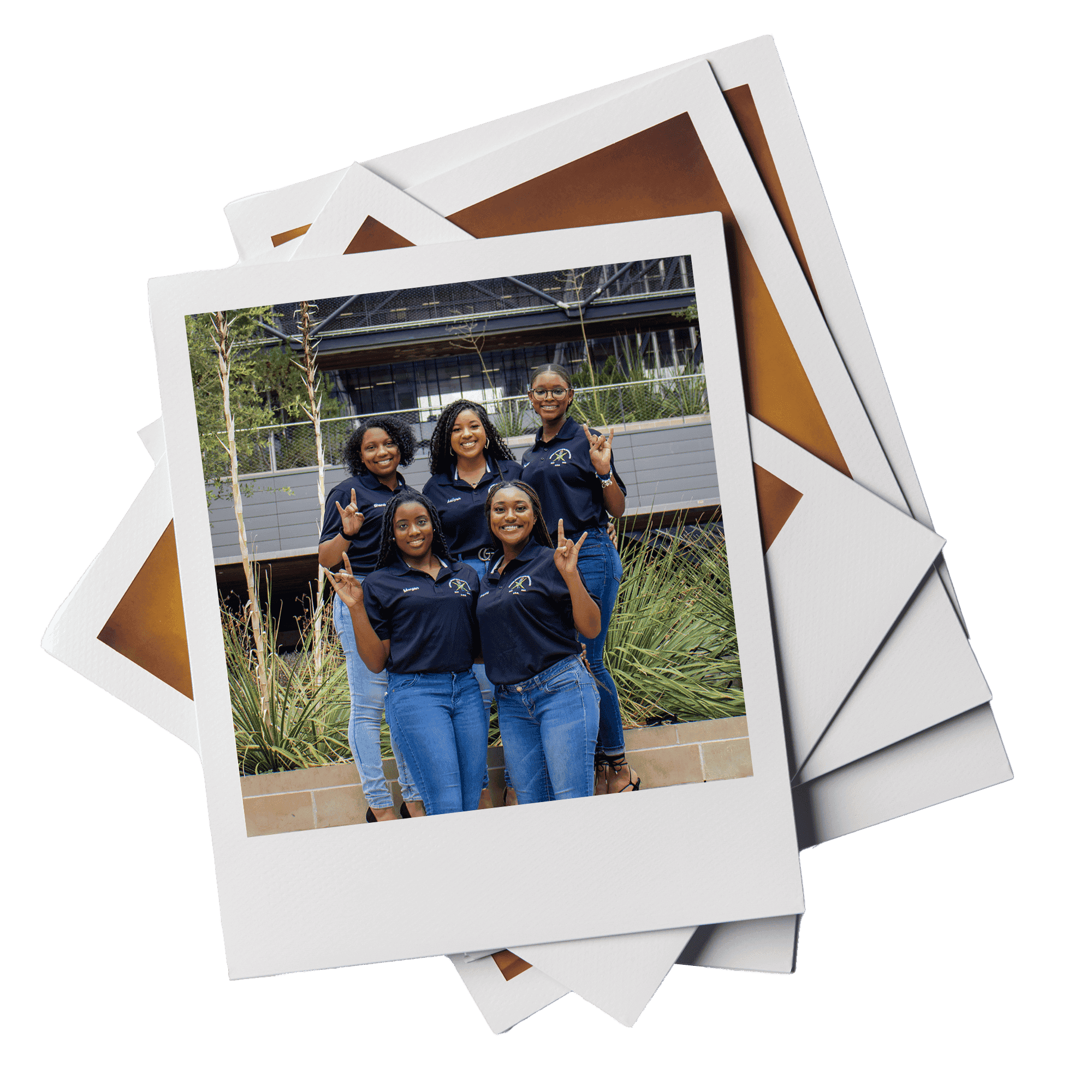 Polaroid of Texas Engineers Morgan Owens, Brianna Nealy, Aaliyah Lemons, Shandria Martin and Taylor Sullivan