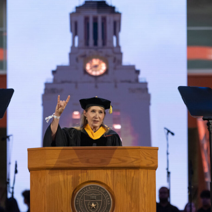 Texas Engineer Jeannie Leavitt speaking at podium at Cockrell Commencement