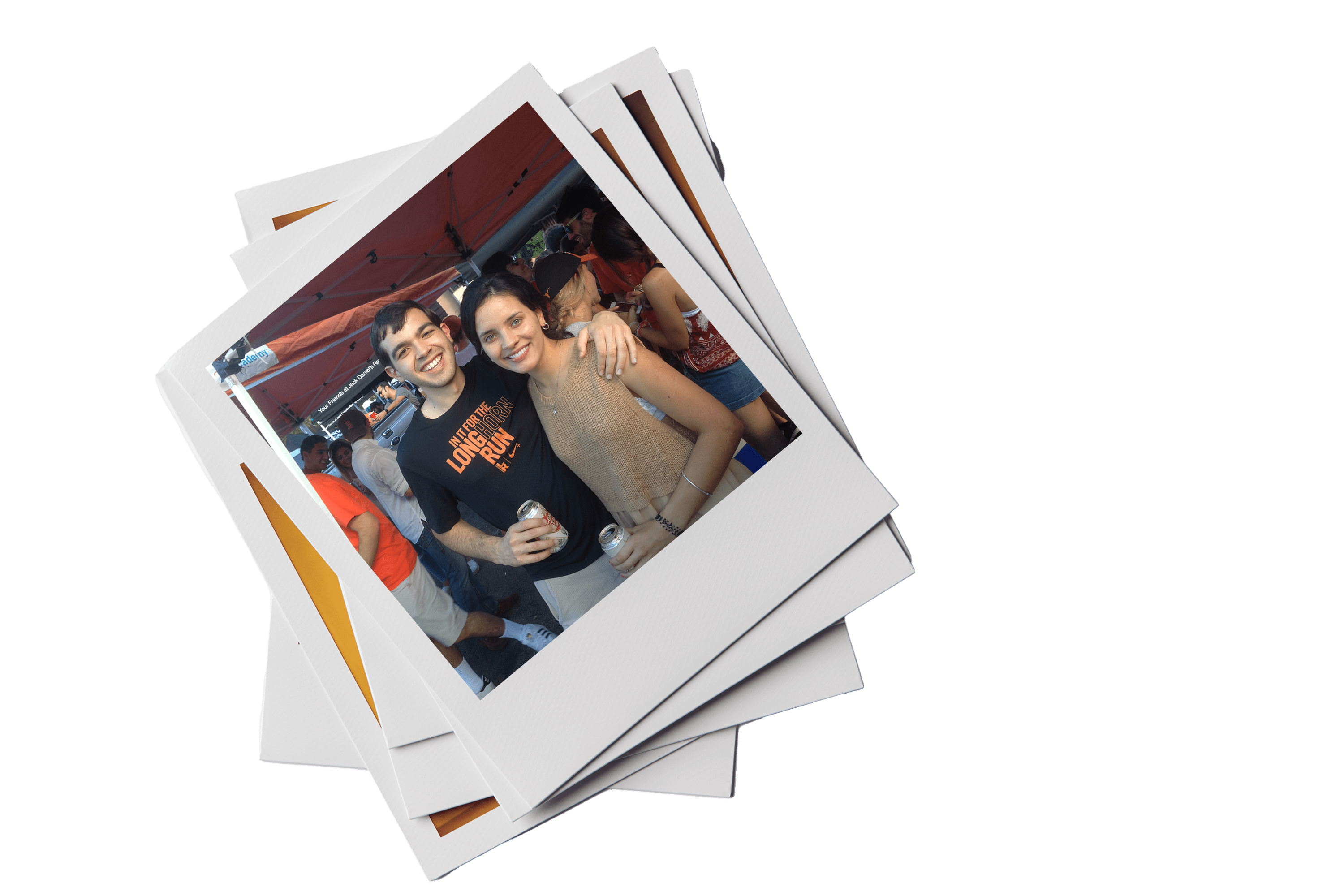 Polaroid of Texas Engineers Laura Rivera and Santiago Echeverri at a UT Austin tailgate