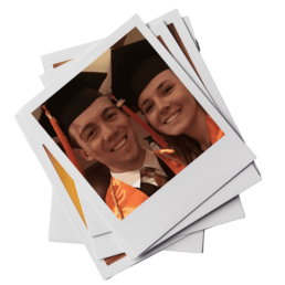 Polaroid of Texas Engineers Shannon Lawless and Chase Scott in graduation caps