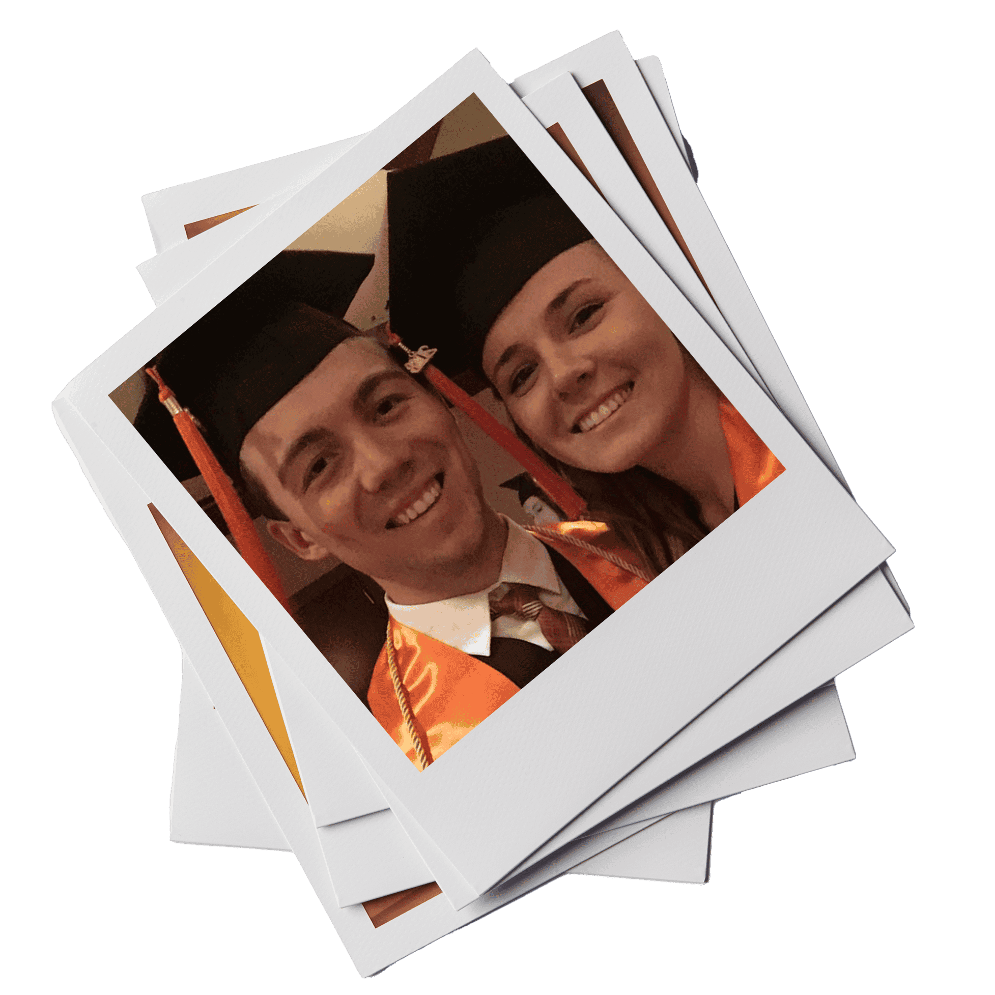 Polaroid of Texas Engineers Shannon Lawless and Chase Scott in graduation caps