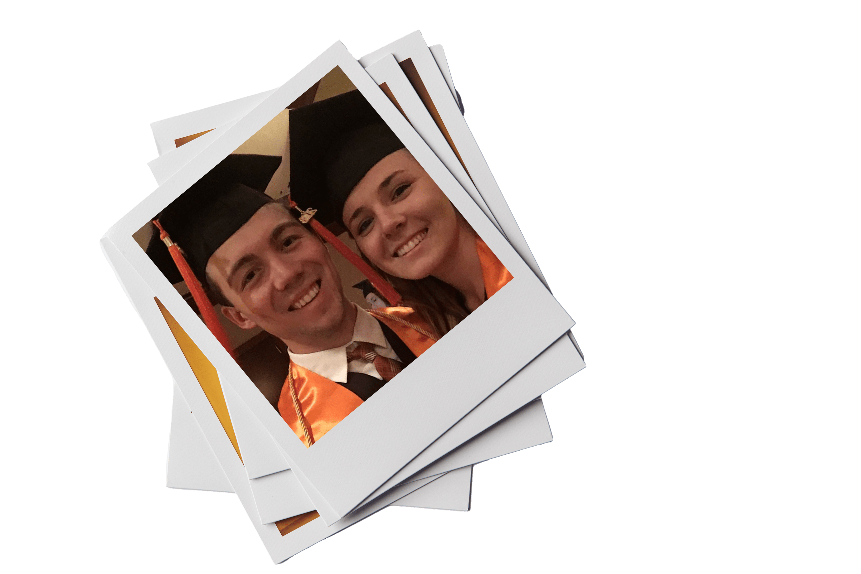 Polaroid of Shannon Lawless and Chase Scott in graduation caps