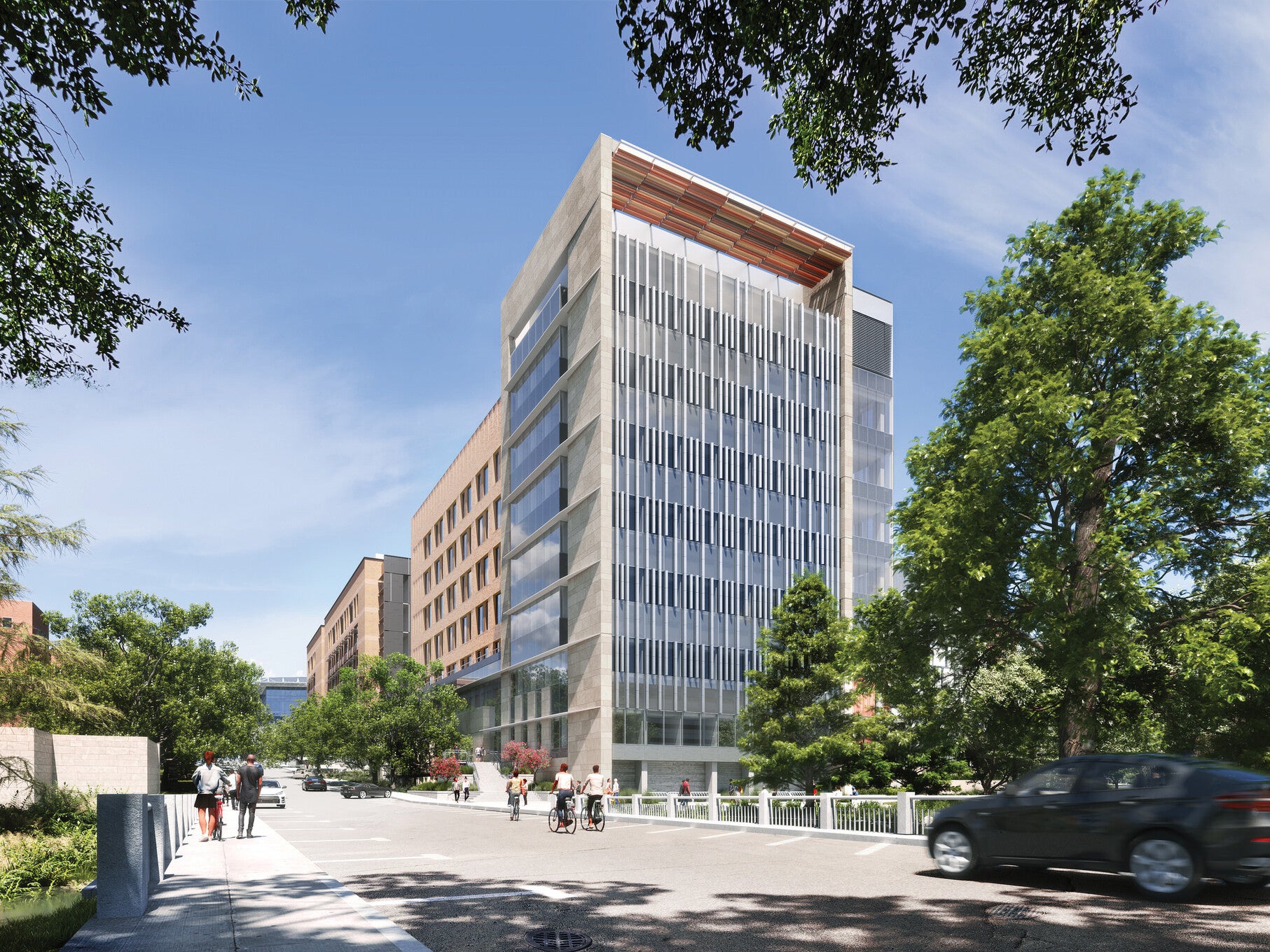 Graphic rendering of exterior of Autry C. Stephens Engineering Discovery Building from 24th street