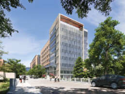 Graphic rendering of exterior of Autry C. Stephens Engineering Discovery Building from 24th street