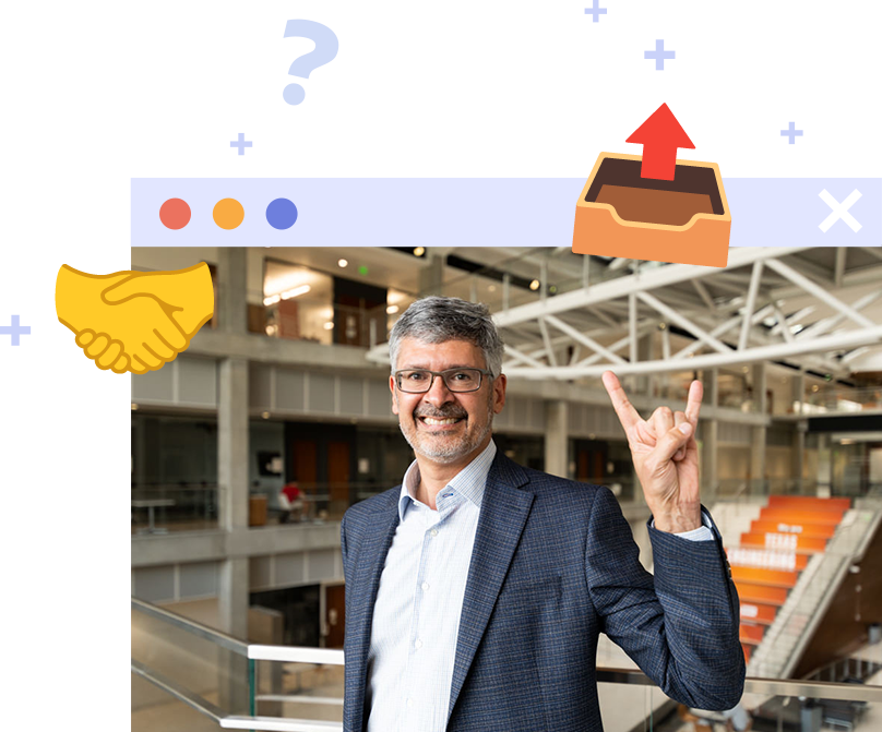Graphic of Texas Engineering dean Roger Bonnecaze in small computer window