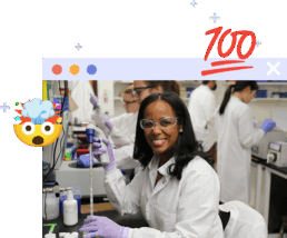 Graphic of Lydia Contreras working in lab within cartoon web browser window