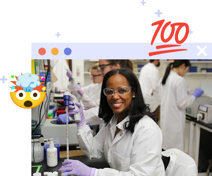 Graphic of Lydia Contreras working in lab within cartoon web browser window