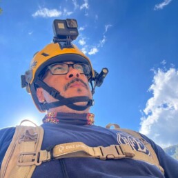 Selfie of Guillermo Nieves with camera mounted to helmet