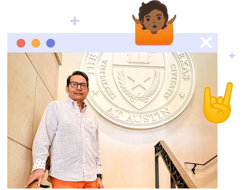 Graphic of Texas Engineer Jayesh Parekh within cartoon web browser window