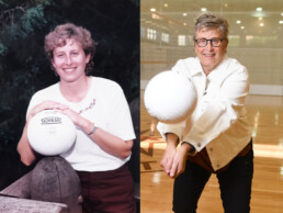 Photo collage of young Michele Myer smiling with volleyball and present-day Michele bumps a volleyball towards camera.