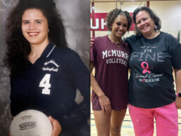 Photo collage of younger Nevelyn Williams holding a volleyball and present day smiling with her daughter