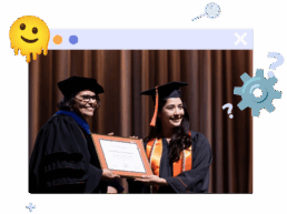 Graphic of Gabriella Nomura accepting diploma within cartoon web browser window