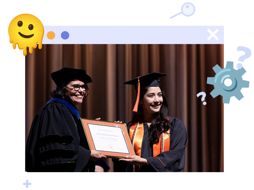 Graphic of Gabriella Nomura accepting diploma within cartoon web browser window