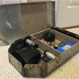 Internal view of circuitry and parts of firebot robot